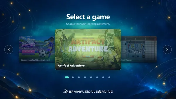 BrainFusion game selector with Artifact Adventure selected between other learning game formats