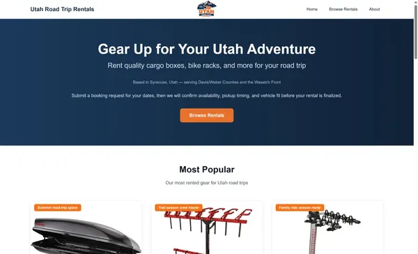 Utah Road Trip Rentals homepage introducing local gear rentals and the request-and-confirm booking process